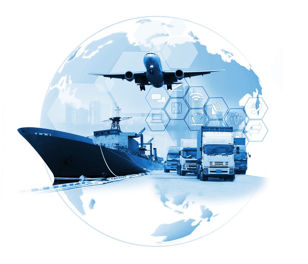 Illustration of global shipping by air, sea and road